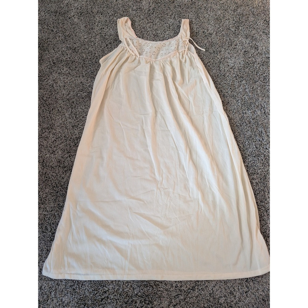 Vintage Ivory Lace Inset Nightgown Sleeveless‎ Shoulder Tie Nylon Sleepwear Med